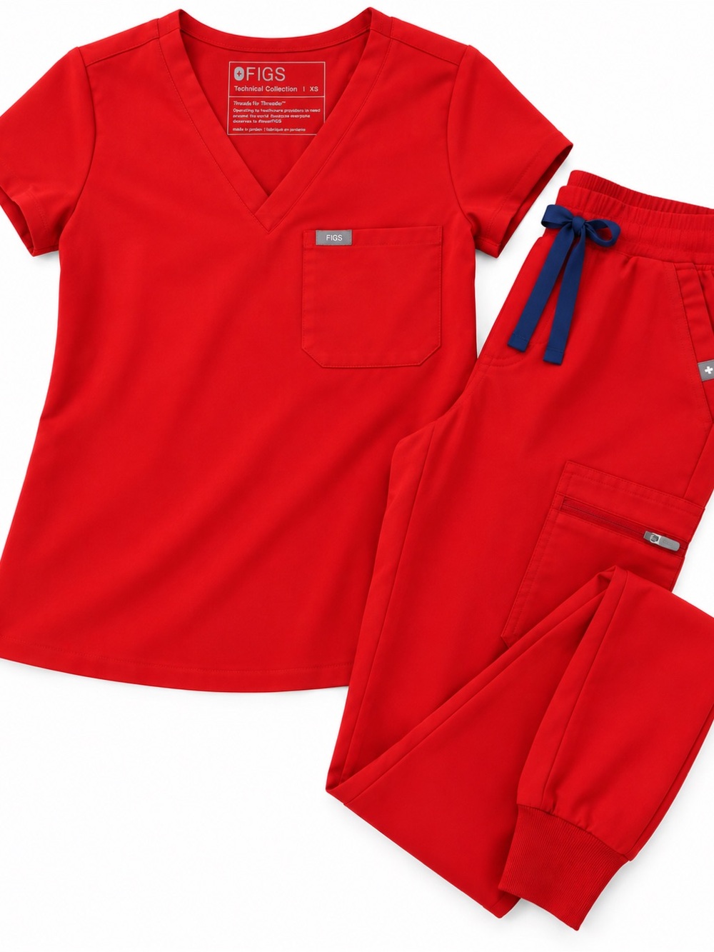 Figs Red Scrub Top and Red Jogger Pants with Navy Drawstring